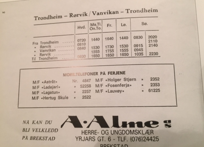 Ferjerute Trondheim-Rørvik / Vanvikan-Trondheim.