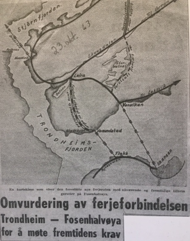 Avisutklipp fra Adresseavisen 23. oktober 1963. Omvurdering av ferjeforbindelsen. Trondheim - Fosenhalvøya for å møte fremtidens krav.