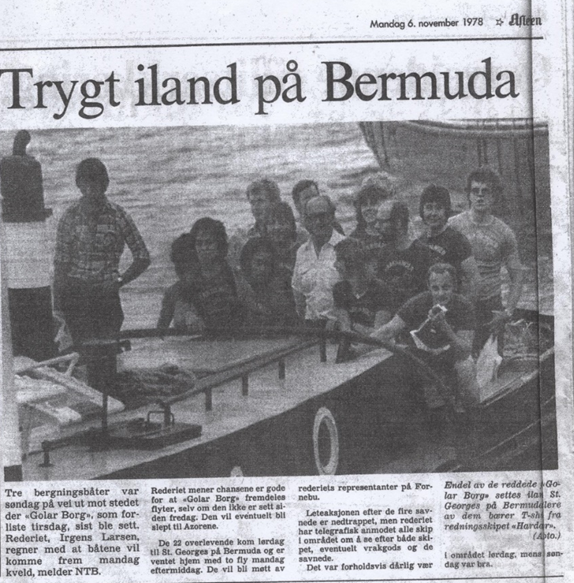 Avisutklipp, Aftenposten, 6. november 1978. Overskrift: Trygt iland på Bermuda.