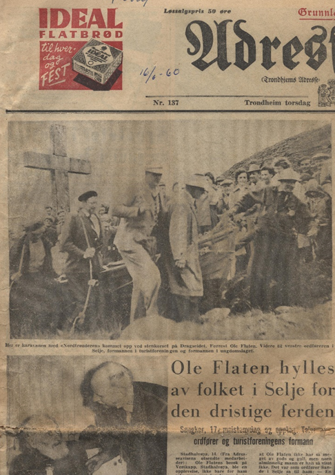 Avisutklipp fra Adresseavisen, 16. juni 1960. Tittel: Ole Flaten hylles av folket i Selje for den dristige ferden. Ole Fladen mottatt som en vikingkonge av folket i Selje kommune.