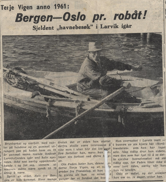 Avisutklipp: Terje Viken anno 1961. Bergen-Oslo pr. robåt.