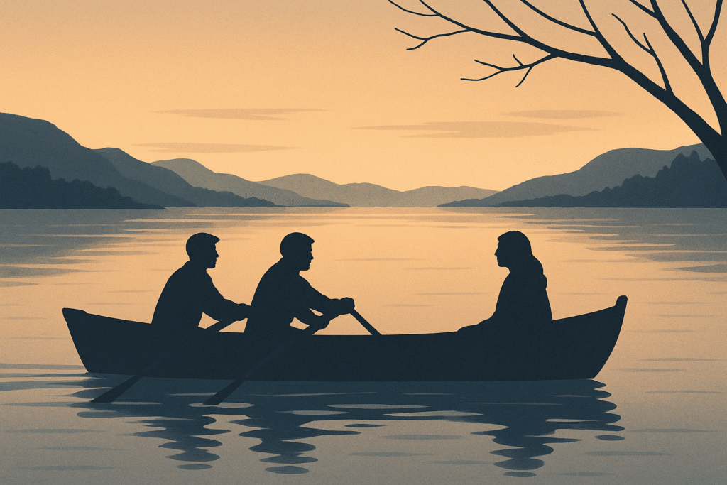 Siluetter av to gutter og en jente i robot over fjorden.